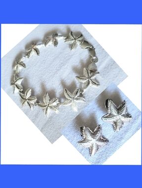 SET Sea Starfish Diamond Cut Etched Design Bracelet Earrings 925 Sterling Silver